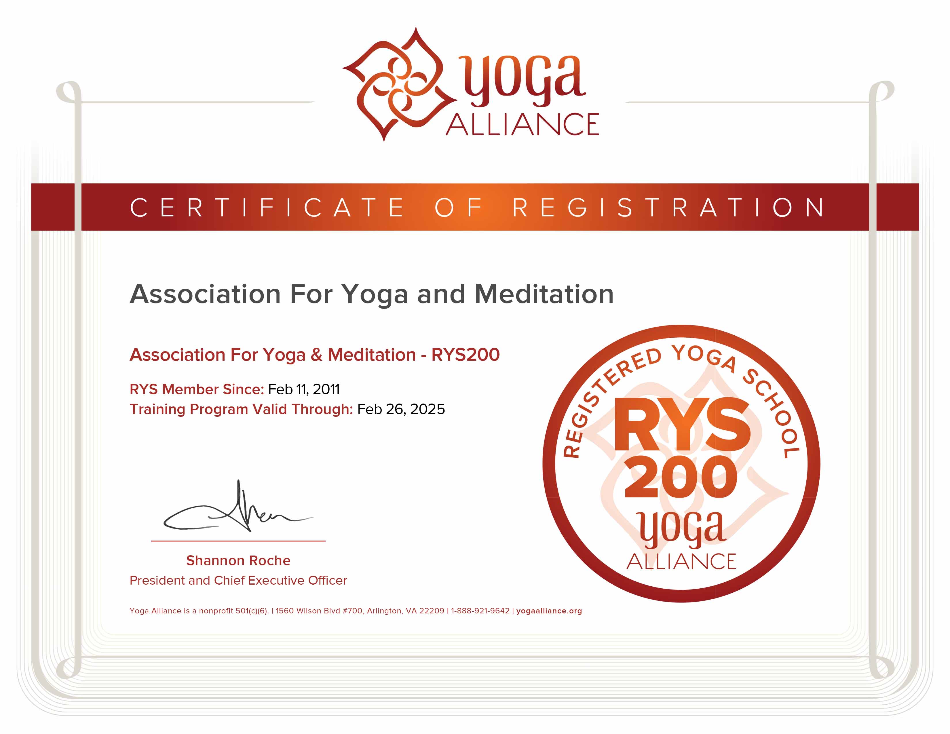 200 Hour Yoga Alliance Certificate